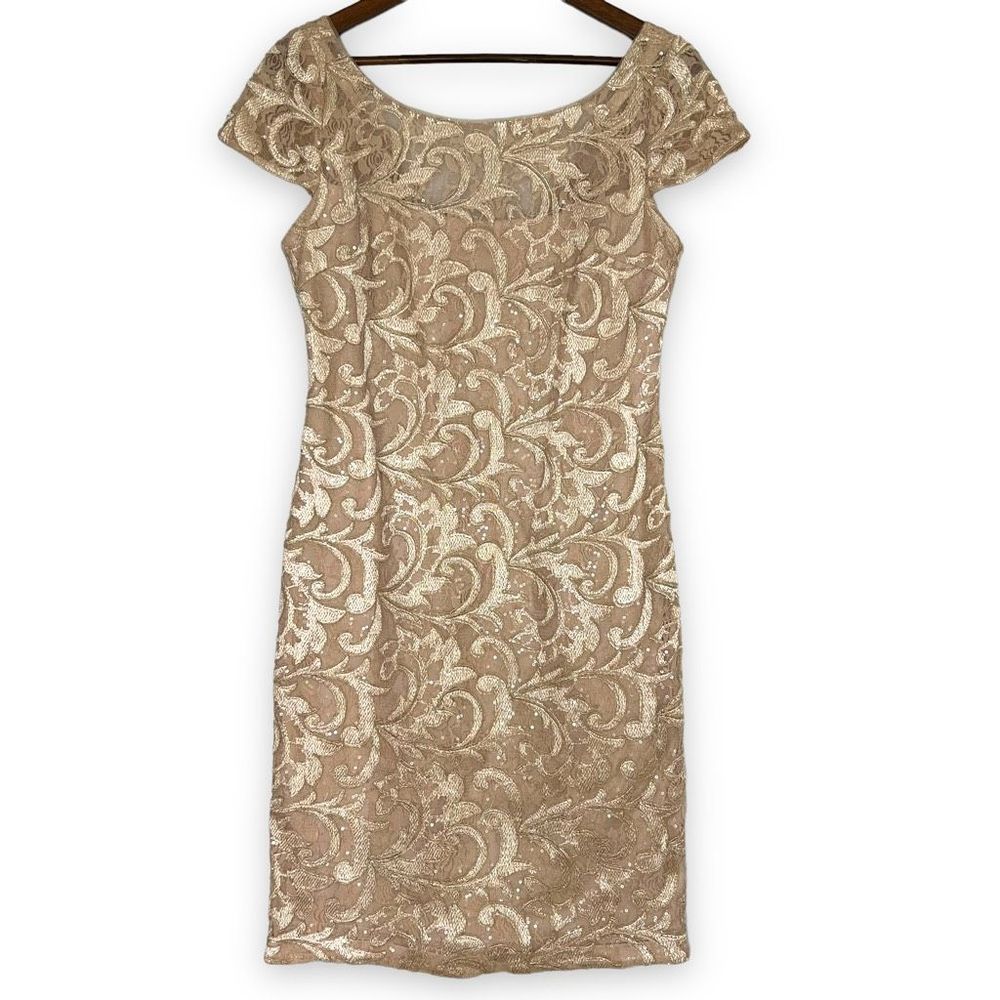Calvin Klein Beige Tan Swirls of Gold Cap Sleeve Lined Sequin Party Dress Size 8